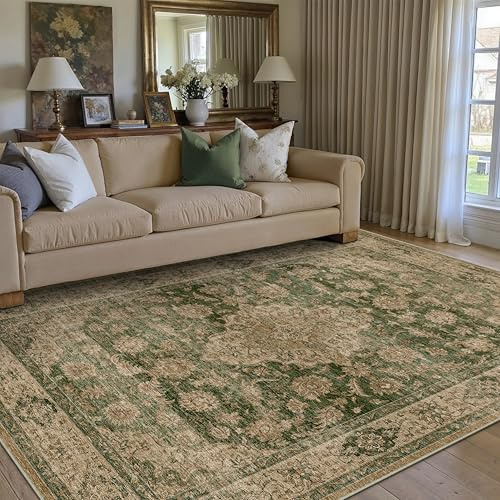 PureCozy Vintage Teppich Wohnzimmer 160x230cm Grün Waschbar Groß Teppiche | Retro Teppich,Waschbar,Rutschfest,Weich Kurzflor,für Schlafzimmer,Esszimmer,Büro Rug