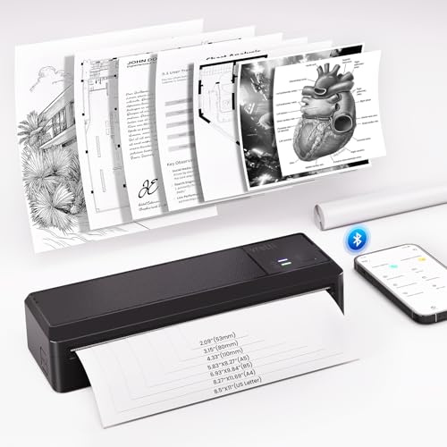 vretti Mobiler Drucker A4 für Unterwegs,Thermodrucker A4 ohne Tinte | kompatibel mit Windows/macOS/iOS/Android,Tragbarer Drucker unterstützt 210x297mm Thermopapier für Zuhause,Büro,Foto,Schwarz