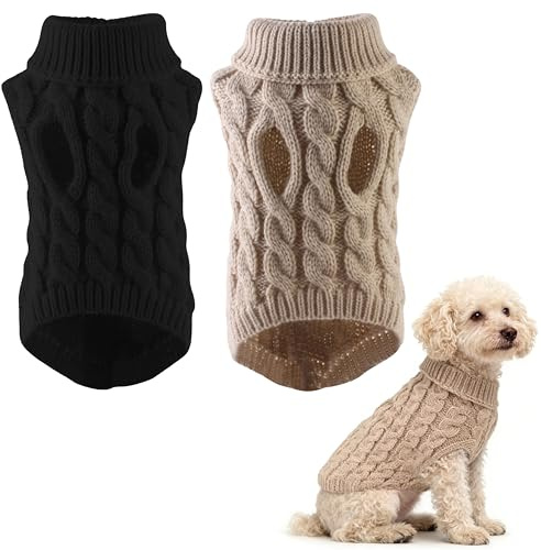 CATMEYE Lot de 2 Pulls pour Chiens à Col Roulé, Chandails d’Hiver Rayés en Maille pour Petits Chiens & Chats, Gilet en Acrylique Doux pour Chiots (Beige et Noir)