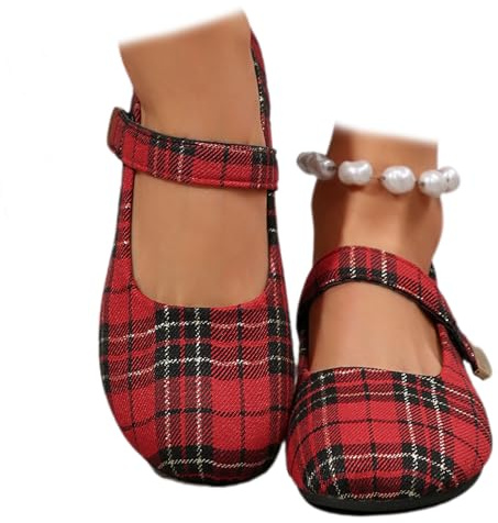 Mary Jane Ballerines orthopédiques en daim pour femme, confortables et larges pour les orteils, imprimé léopard, écossais rouge, 40.5 EU