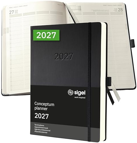 SIGEL Conceptum Planungsbuch XXL 2027 A4+ 1 Tag = 1 Seite, für 4 Personen | C2704, schwarz, Hardcover, 480 Seiten, Gummiband, Stiftschlaufe, Archivtasche, Kalenderbuch