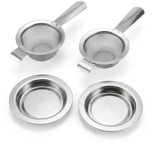 Tea Strainer Fine Mesh Stainless Steel, 4-Piece Set for Loose Tea and Coffee, Long Handle Tea Sieve Strainer with Drip Bowl, 13.7 cm Length 5.5 cm Base for Kitchen Use and Gifting