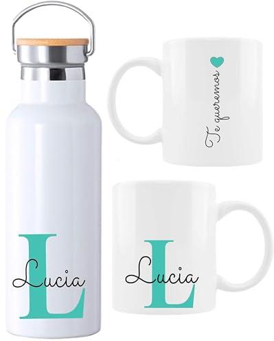 Taza Personalizada con inicial y nombre opcion de añadir Botella Térmica personalizada 500ml, con Dedicatoria Opcional, regalo dia de la madre, profesoras... (VERDE)