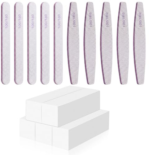 15 Piezas Set de Limas de Uñas Profesionales y Bloque Pulidor Blanco, 10 Limas 100/180 (5 Media Luna + 5 Rectas) y 5 Tacos Pulidores para Manicura, Pedicura, Salón y Hogar