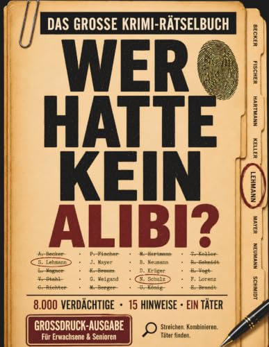 Wer hatte kein Alibi?: Krimi-Rätselbuch in DIN A4 Großdruck für Erwachsene & Senioren: 8.000 Verdächtige, 15 Hinweise, 1 Täter