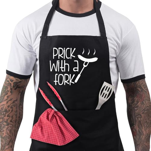 BBQ Aprons for Men, Funny Cooking BBQ Apron in Black Cotton, Adjustable with 2 Pockets, Birthday, Christmas, Cooking Gifts for dad, chef, husband, him - Prick with a Fork