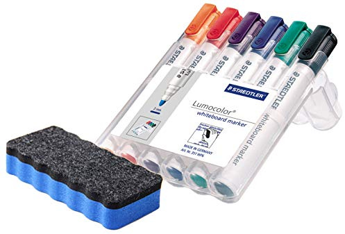 STAEDTLER 351 WP6 Lumocolor Whiteboardmarker, 6 Stück in aufstellbarer Box, farblich Sortiert + 1x Neodym-Qualitätslöscher in Saphirblau