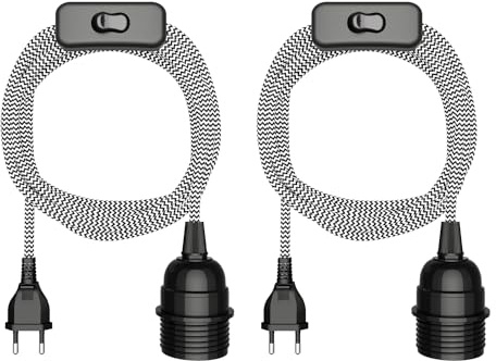 ledscom.de 2x Textilkabel LEKA, Stecker, Schalter, schwarz, weiß, gezackt, 3 m, Lampen-Fassung, 1x E27 max. 60W