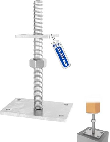 GeZu Impex Pfostenträger Ulrich Höhenverstellbar M30 x 250 mm, 100 x 100 mm Feuerverzinkt Stützenfuß Pfostenschuh Pfostenanker