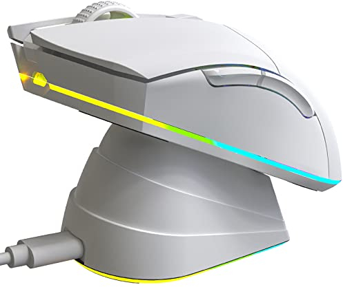 KLIM Blaze Pro Wiederaufladbare kabellose Maus - NEU - Gaming Maus mit RGB und Ladestation - Hochpräziser Sensor und langlebiger Akku - Bis zu 6000 DPI - Kabel- und Wireless Mouse für PC - Weiß