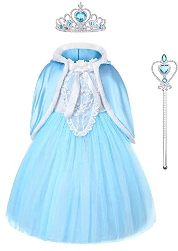 URAQT Mädchen Kostüm Kleid mit Umhang, Kinder Prinzessin Kleid Cosplay Kostüme, Kinder Verkleidung Party Weihnachten Halloween Fest, mit Krone Zauberstab (110)