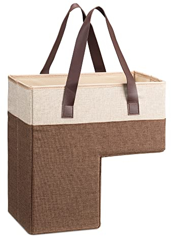 Navaris Treppenkorb mit Ledergriffen - Aufbewahrungskorb für die Treppe - L-Korb mit Trennwänden - Stufenkorb - Treppen Korb aus Polyester Leinen