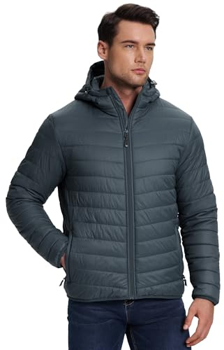 33,000ft Men's Insulated Puffer Jackets Waterproof Jacket for Men Easy Packable Hooded Quilted Jacket Lightweight Men's Coats with Zip Pockets Grey L