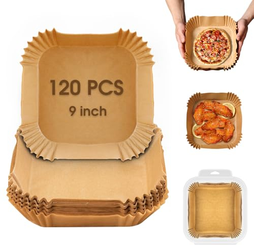 120pcs Air Fryer Paper Liners, 9inch Square Air Fryer Disposable Liners, Food Grade Parchment Paper Liners Oil-Proof Water-Proof for Air Fryer Microwave Oven