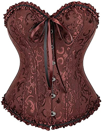 Corsé de Satén para Mujer en Marrón Sexy con Vestido Pirata, Top de Cuero y Falda para Fiesta Steampunk o Medieval - L