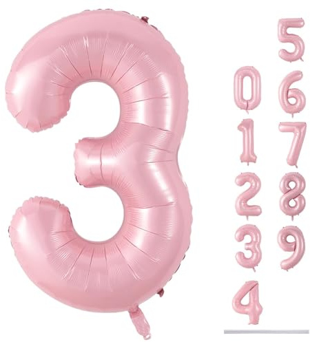 Pastel Pink Number 3 Balloon, 40 Inch Giant Pearl Light Pink Helium Foil Number 0-9 for Girls, Self Inflating 3rd Birthday Balloon for Women Anniversary Baby Shower Princess Party Decorations Supplies