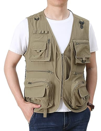 Gilet giacca cargo da uomo per lavoro safari pesca viaggi con mesh fotografica e tasche multiple, cachi, S
