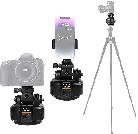 Camnoon motorisierter Panorama-Stativkopf, 360° drehbar PTZ-Elektrostativ, Al-Humanoid-Verfolger, 2 Kg Tragfähigkeit,2000 mAh Akku mit Fernbedienung,Telefonclip,1/4-Zoll-Schraube für Stative, Vlog