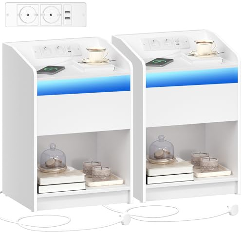 Hzuaneri Nachttisch 2er Set mit LED-Licht, Beistelltisch mit Ladestation | 2 USB-Anschlüsse, 2 Steckdosen, für Schlafzimmer, Wohnzimmer, offenes Fach, Weiß NS09003X