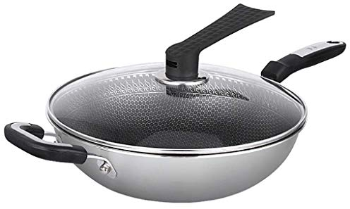 OQHAIR Wok para inducción Wok Sartén Antiadherente 304 Wok de Acero Inoxidable sin Humo Estufas de Gas Cocina de inducción Estufa de Gas Olla Especial (Tamaño: 32 cm) (32 cm)