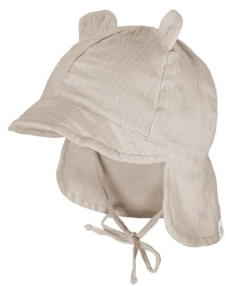 maximo GOTS Baby-Schildmütze, Öhrchen Musselinstoff, Nackenschutz, Bindeband