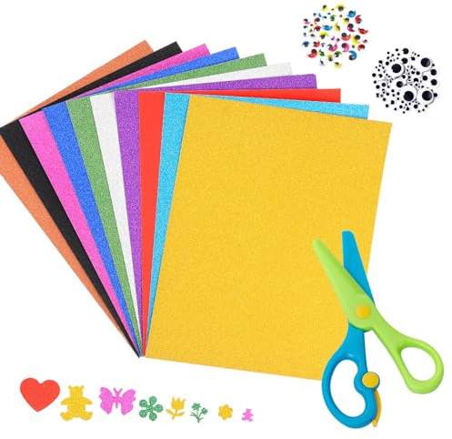 DHWEKU 10 Blatt Glitzerpapier zum Basteln,A4 Bunt Glitzer PapieBastelpapier Glitzer Selbstklebende Glitzer,mit 150Selbstklebenden Activity Eyes Und Bastelschere,Papier für DIY Handwerk Grußkarten