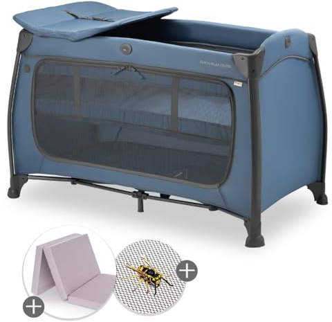 hauck Play n Relax Center Set de Cuna de Viaje Bebe con Colchon y Mosquitera | Dos Alturas para Recién Nacidos - Parque Infantil con Cambiador y Ruedas - Azul