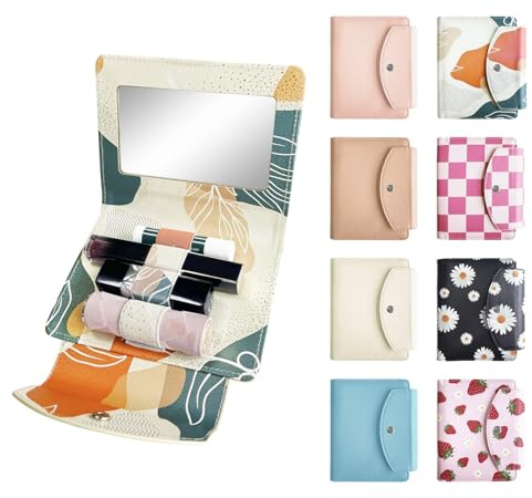LAOTANGJIA PU Lipstick Case Holder with Mirror,Holds 4pcs of Long Lipsticks,Lipstick Holder,Makeup Travel Cases Organizer Bag for Outside Mini Bag Pouch,for Gift Women Girls