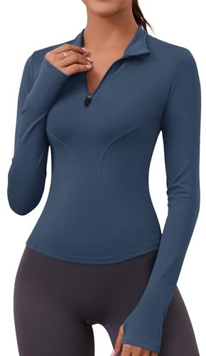 Rapbin Womens Gym Tops Long Sleeve T-Shirts Sports Fitness Tops with Thumb Holes Hiking Running Cycling Yoga Shirt Grey Blue S