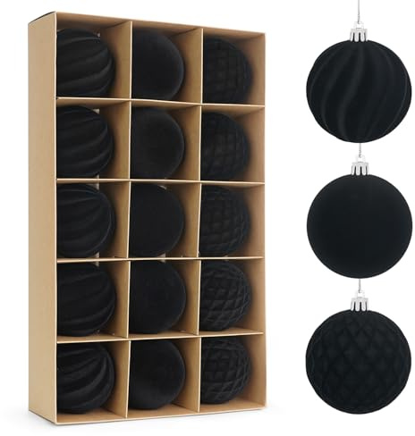 Miaikoe 15 Stück Samt Weihnachtskugeln hängende Ornamente Set, vorgebunden zerstörungsdicht Plastik Flocked Weihnachtskugeln Weihnachtsdekorationen Festival Feiertag Party Dekor (schwarz, 8CM)