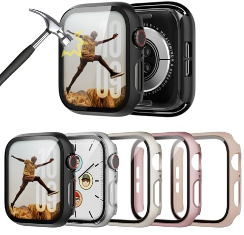 TGKML 5-Stück Hülle mit Schutzfolie für Apple Watch SE 3/SE 2/SE/6/5/4 44mm | Hard-PC Schutzhülle, Eingebaut Gehärtetes Glas, Kratzfest & Stoßfest Displayschutzfolie Zubehör
