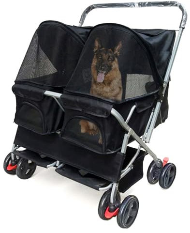 Poussette Double Pour Animaux De Compagnie, Poussette Pliable Pour 2 Chiens Et Chats, Transporteur À Deux Places, Chariot De Transport Pour Animaux De Compagnie Avec Rangement Pour Chiens,Black 1