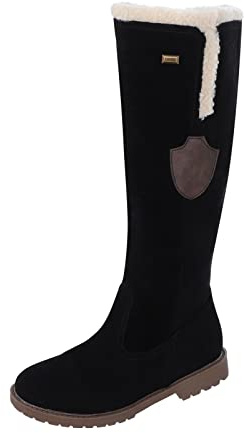 Generic Women's Snow Boots UK Waterproof Mid Calf Fleece Lined Shoes Winter Outdoor Walking Snow Boots Non Slip Side Zipper Long Boots Comfortable Low Chunky Heel Boots Casual Large Size Boots