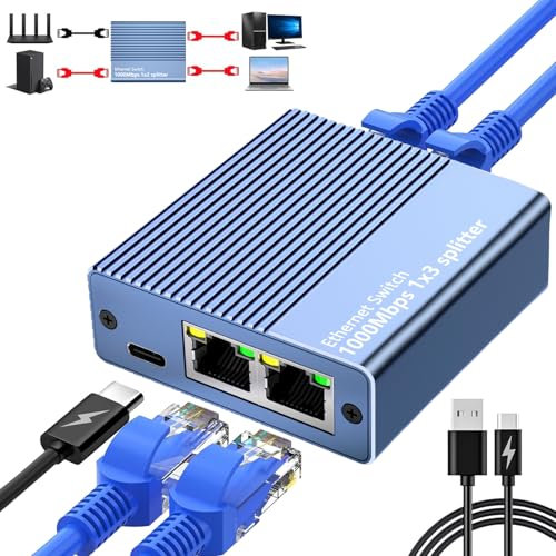 Vecbmn Switch Ethernet 1 a 3, Gigabit Ethernet splitter LAN RJ45 3 Porte, Splitter Ethernet Internet LAN con cavo USB-C, per Computer, Laptop, Switch, Rou