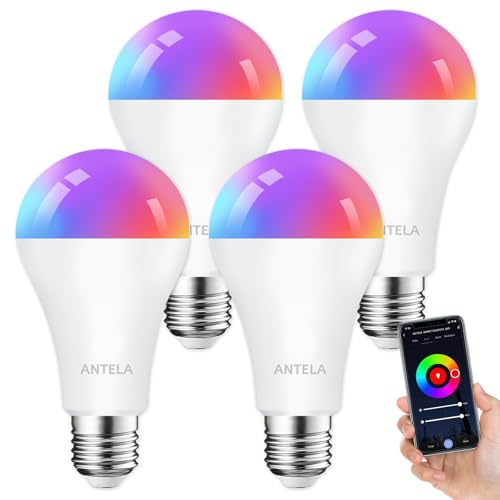 ANTELA Alexa Smart WLAN LED Glühbirne E27 A65 12W RGB Dimmbar, 4 Stück | 1350LM, App Steuerung, Google Home kompatibel, Warmweiß 2700K, Kaltweiß 6500K