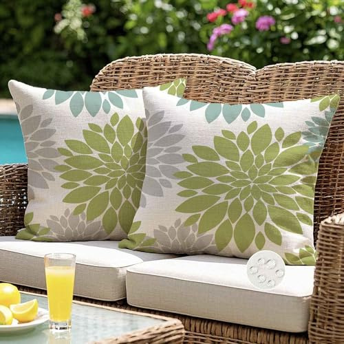 ViaElayu Outdoor Kissenbezug 45x45 Frühling Grün Blumen Kissenhüllen Zierkissenbezug Dahlien Wetterfest Dekokissen Kissen Couchkissen Sommer Kissenbezüge Wohnzimmer Garten Sofa Deko 2er Set