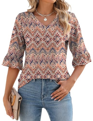 IECCP Womens Tops Summer V Neck Tunic Boho Printed Elegant Office Work Blouse Ladies Casual Dressy Ruffle Sleeve T Shirts Boho L