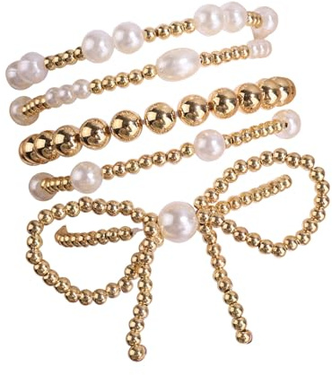 5 st Guld Rosett Armband för Kvinnor, Stretch Guldpärlor Pärlarmband Set Staplingsbar Pärlbollsarmband Tillbehör Presenter för Kvinnor Trendiga Smycken