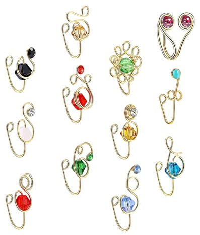 LIFKOME 12 Anillos de Nariz Falsos Africanos para Mujer Alambre de Cobre y Gemas de Imitación, Fáciles de Poner y Resistentes para Fiestas y Uso Diario