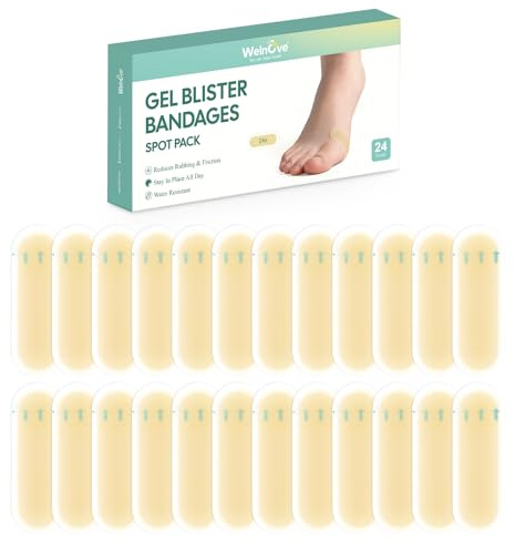 Welnove Gel Blister Plasters - 24 PCS Hydrocolloid Plasters for Feet, Water Resistant Adhesive Bandages for Heel, Toes & Foot, Blister Bandages for Prevention & Recovery (Spot Pack)