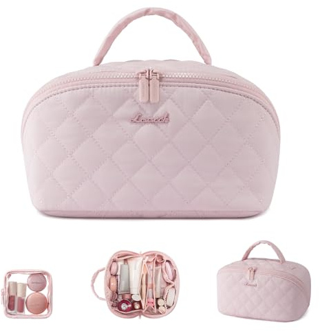 LOVEVOOK Kosmetiktasche Damen Make up Tasche Groß Schminktasche Organizer | mit fächern Wasserdichte Puffer Kulturbeutel mit 180°-Flachdesign Wäschemaschinenfeste Kulturtasche für Reisen, Rosa