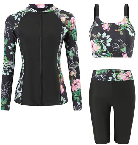 Ausing Femmes Ensemble Maillot de Bain Protection Solaire 3 Pièces Rashguard Manches Longues et Short Surf Plage L