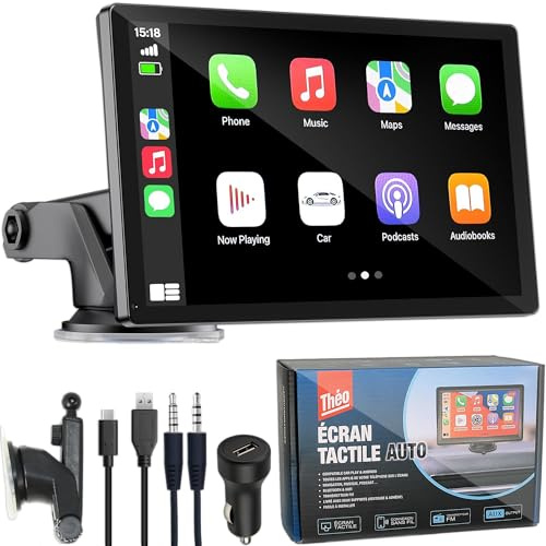 Théo - Écran Tactile Voiture 7 – CarPlay & Android Auto | Bluetooth, Wi-FI, Siri, Mirror Link | Contient 1 Support, 1 Câble USB C, 1 Câble Aux, 1 Prise Allume Cigare