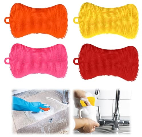 Silikon-Geschirrschrubber, Silikon-Geschirrschwamm, Küchenschwamm zum Reinigen von Geschirr, bunt, 4 Stück (Farbe C)