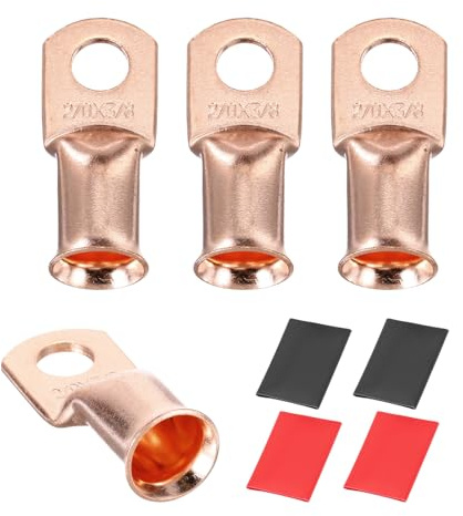 sourcing map 4pcs 2/0 AWG M10 Battery Lugs Ring Terminals, 3/8 10mm Stud Crimp Wire Terminal Connector End Copper, 3:1 Heat Shrink Tubing, Gold