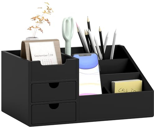 HOMCOM Organizador de Escritorio de Bambú Organizador de Mesa con 2 Cajones 6 Compartimentos y Estante para Oficina Hogar 33x20,5x15,5 cm Negro