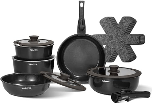 Topfset mit Abnehmbarer Griff, 17-Teilig Topfsets Pfannenset mit Keramik Antihaft Beschichtet, Topfset Induktion Kochtopf Set mit Deckel, für Alle Herdarten, Backofenfest, Ofenfest (Dunkelgrau)