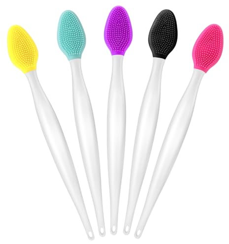 WLLHYF 5 Pcs Lip Scrub Brush Double-Sided Silicone Exfoliating Tool Mini Soft ​Lip Brush Cleaner for Men Women lightening dark lips Smoother Fuller Lip Appearance(Green+Purple+Rose+Yellow+Black)