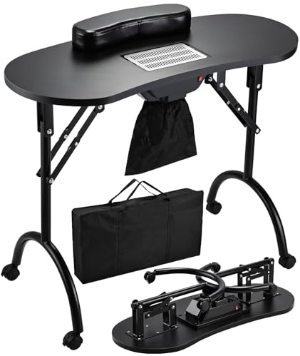 Faquenc Table Manucure Professionnelle avec Aspirateur à Ongles Table de Manucure Bureau Onglerie Pliable, roulettes and Coussin Poignet, Transport Facile avec Sac, Noire