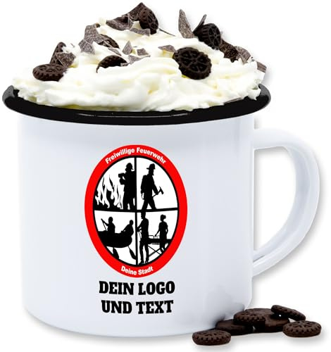 Emaille Tasse Blechtasse - Foto eigenem Bild - FFW Geschenk Feuerwehr eigenes Logo und Text I THW Geschenk Feuerwehrlogo selbst gestalten - 300 ml - Weiß Schwarz - geschenke bildtasse